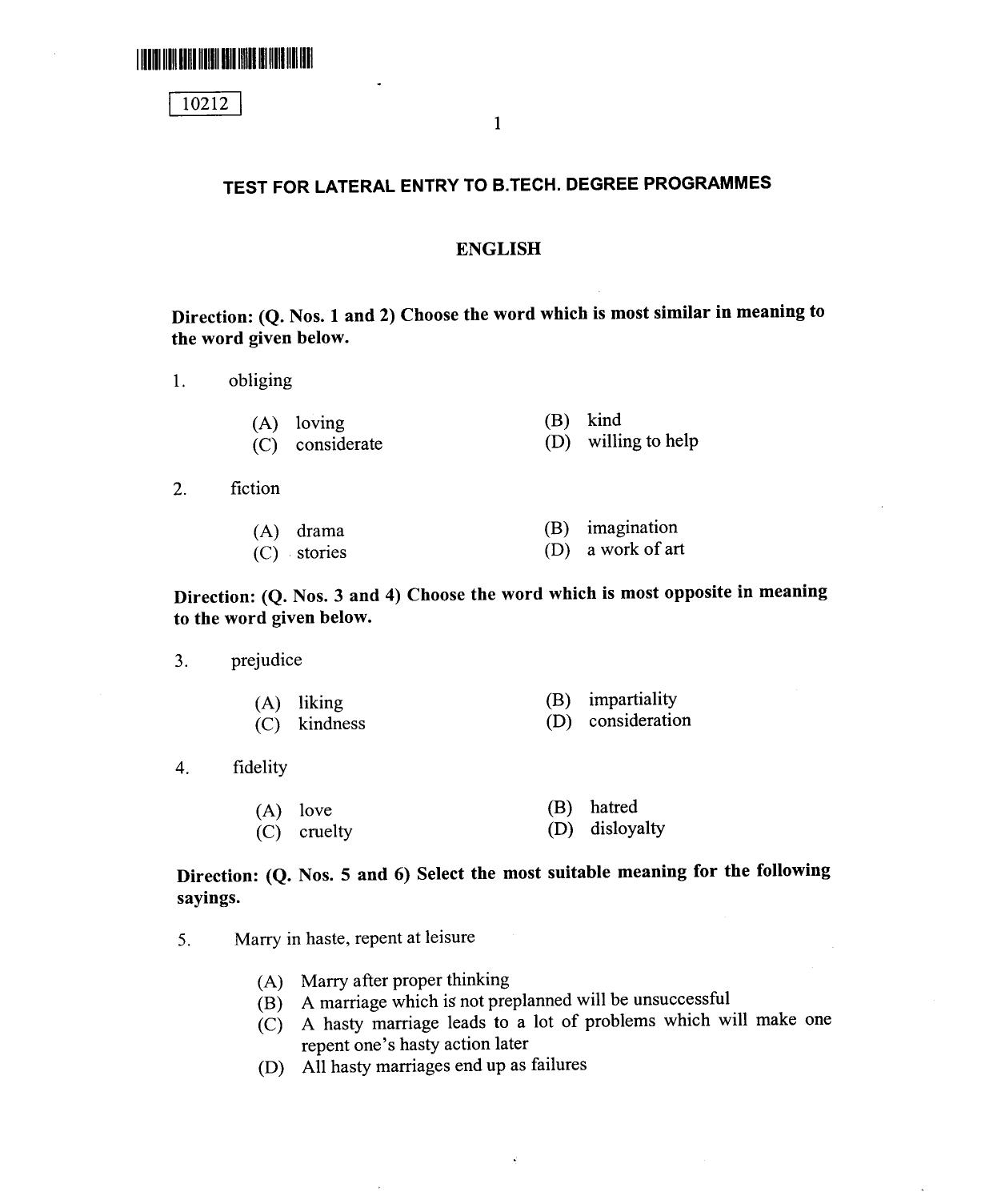 CUSAT CAT 2012 Lateral Entry Question Paper - Page 2