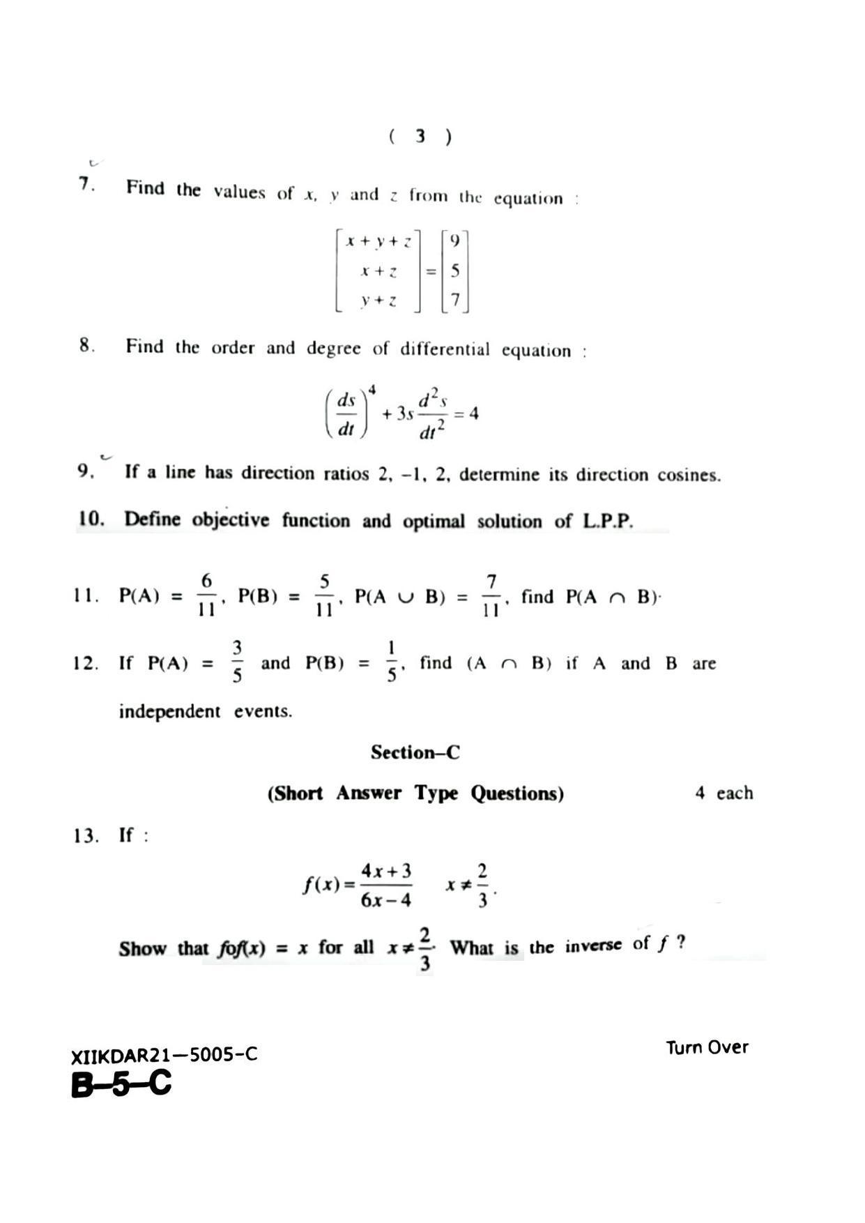 JKBOSE Class 12 Mathematics 5005-C Question Papers 2021 - Page 3