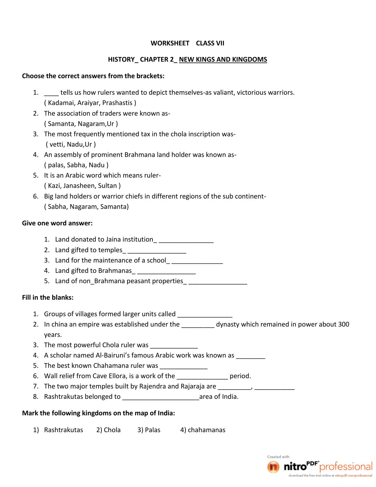 CBSE Worksheets for Class 7 History New Kings and Kingdoms Assignment - Page 1
