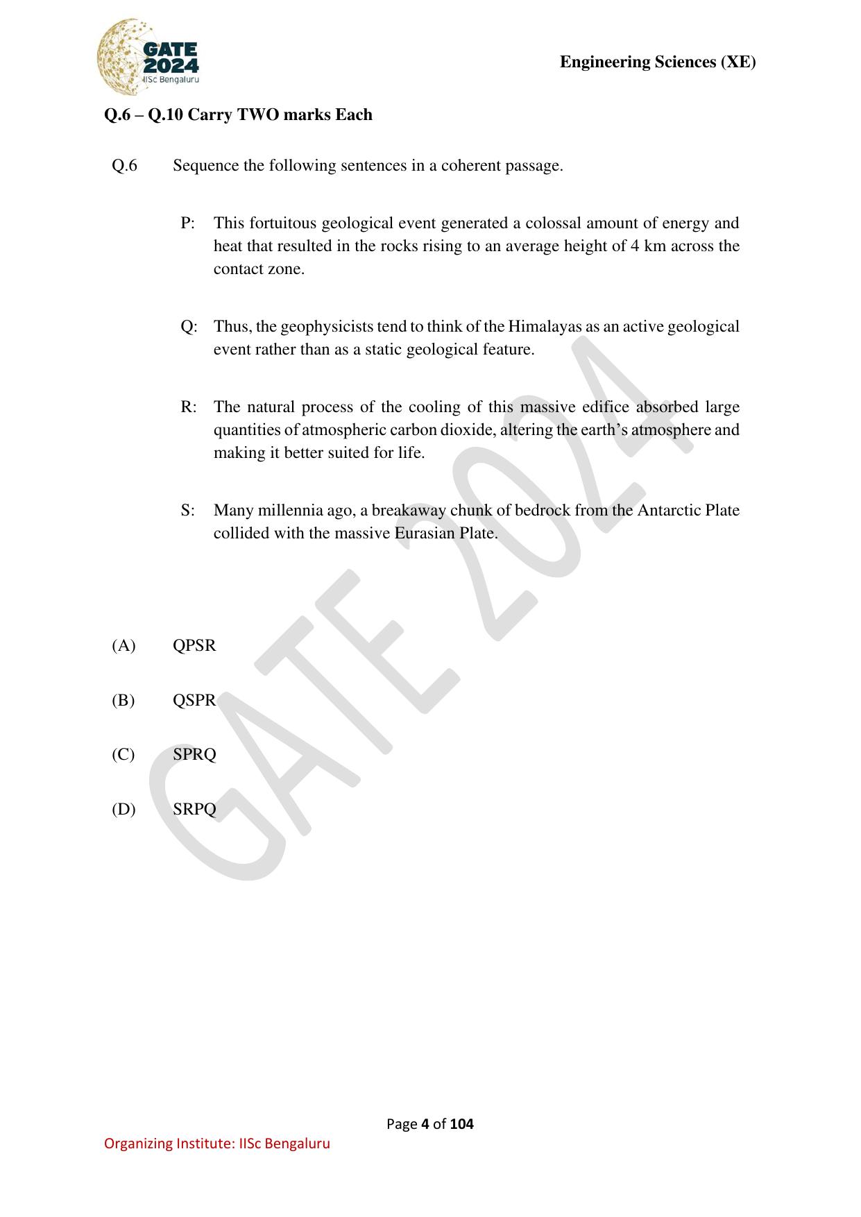 GATE 2024 Engineering Sciences (XE) Question Paper - Page 4