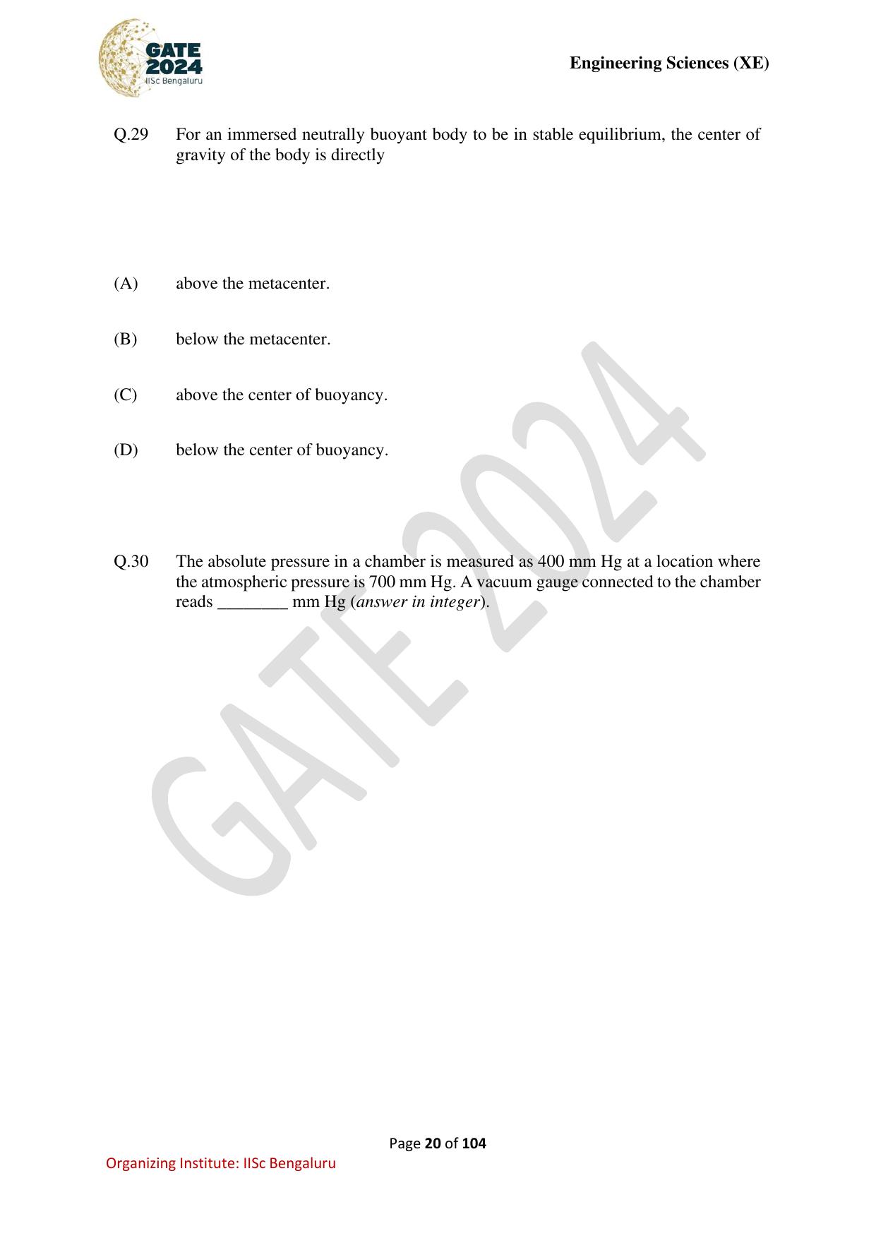 GATE 2024 Engineering Sciences (XE) Question Paper - Page 20