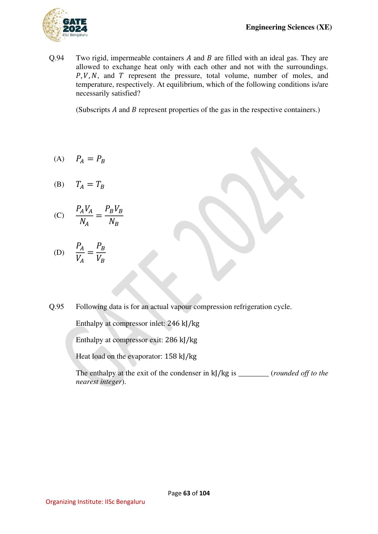 GATE 2024 Engineering Sciences (XE) Question Paper - Page 63