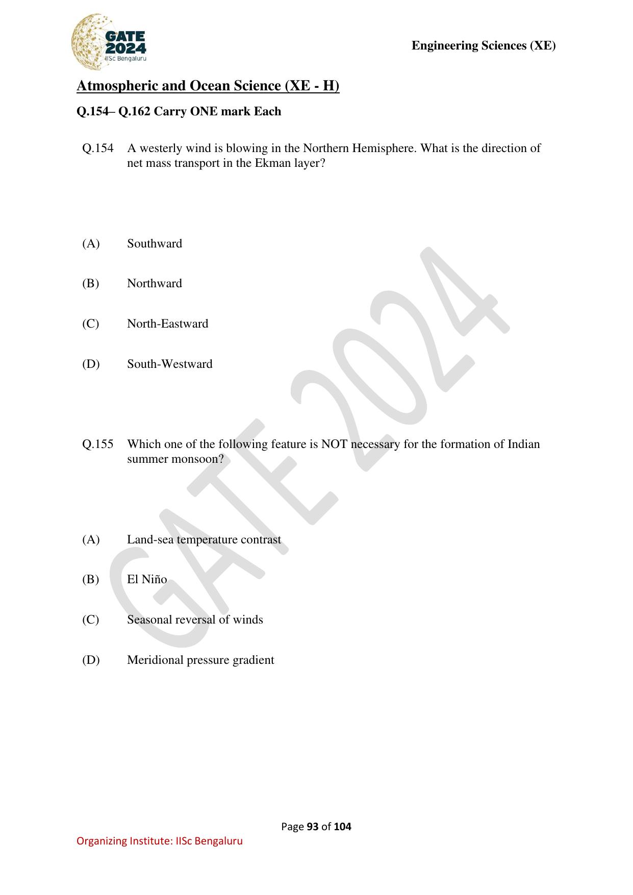 GATE 2024 Engineering Sciences (XE) Question Paper - Page 93