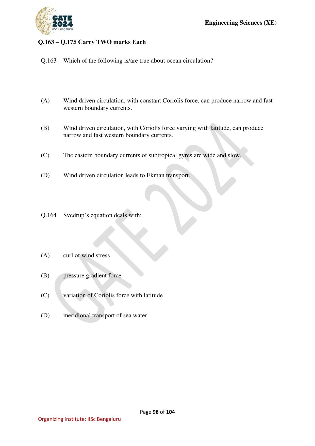 GATE 2024 Engineering Sciences (XE) Question Paper - Page 98