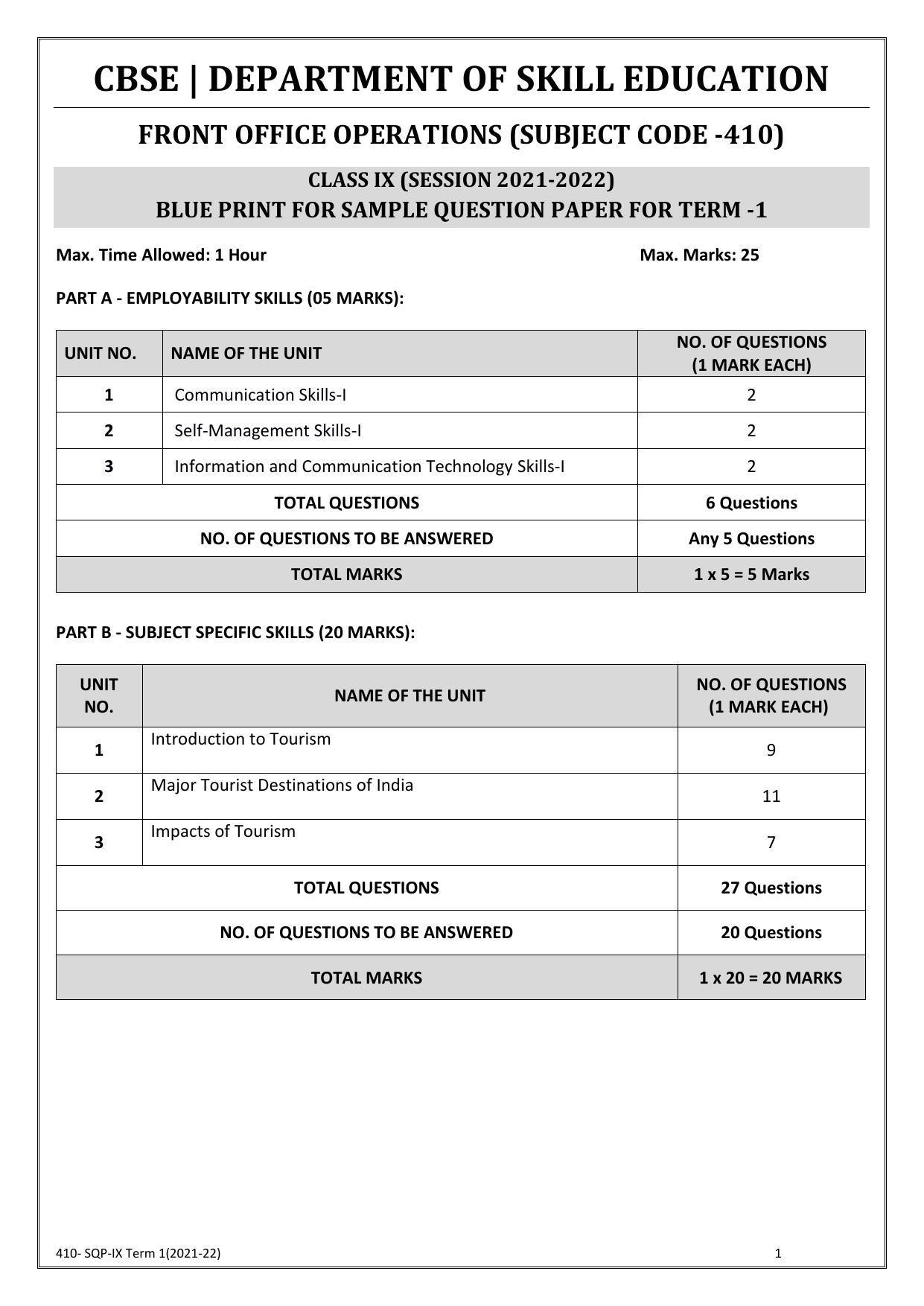 CBSE Class 10 Skill Education (Term I) - Front Office Operations Sample Paper 2021-22 - Page 1