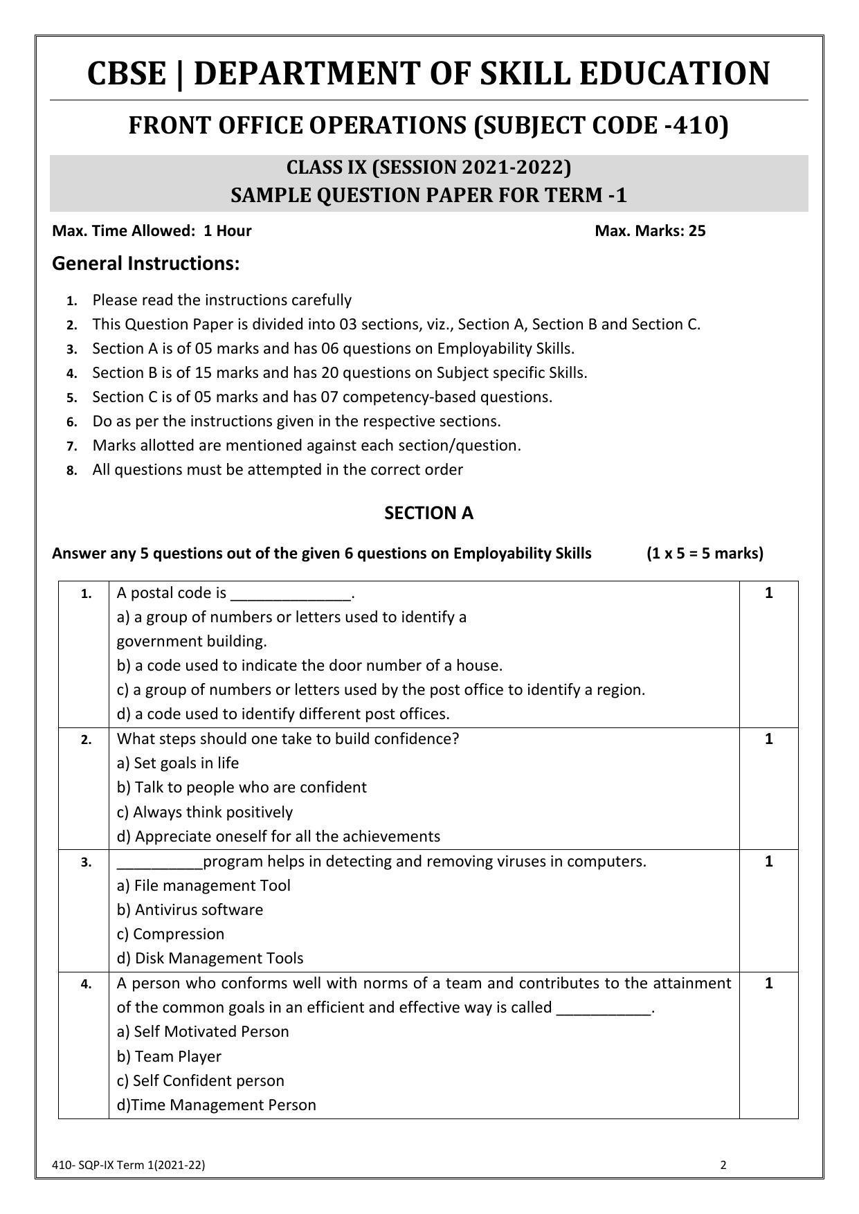 CBSE Class 10 Skill Education (Term I) - Front Office Operations Sample Paper 2021-22 - Page 2