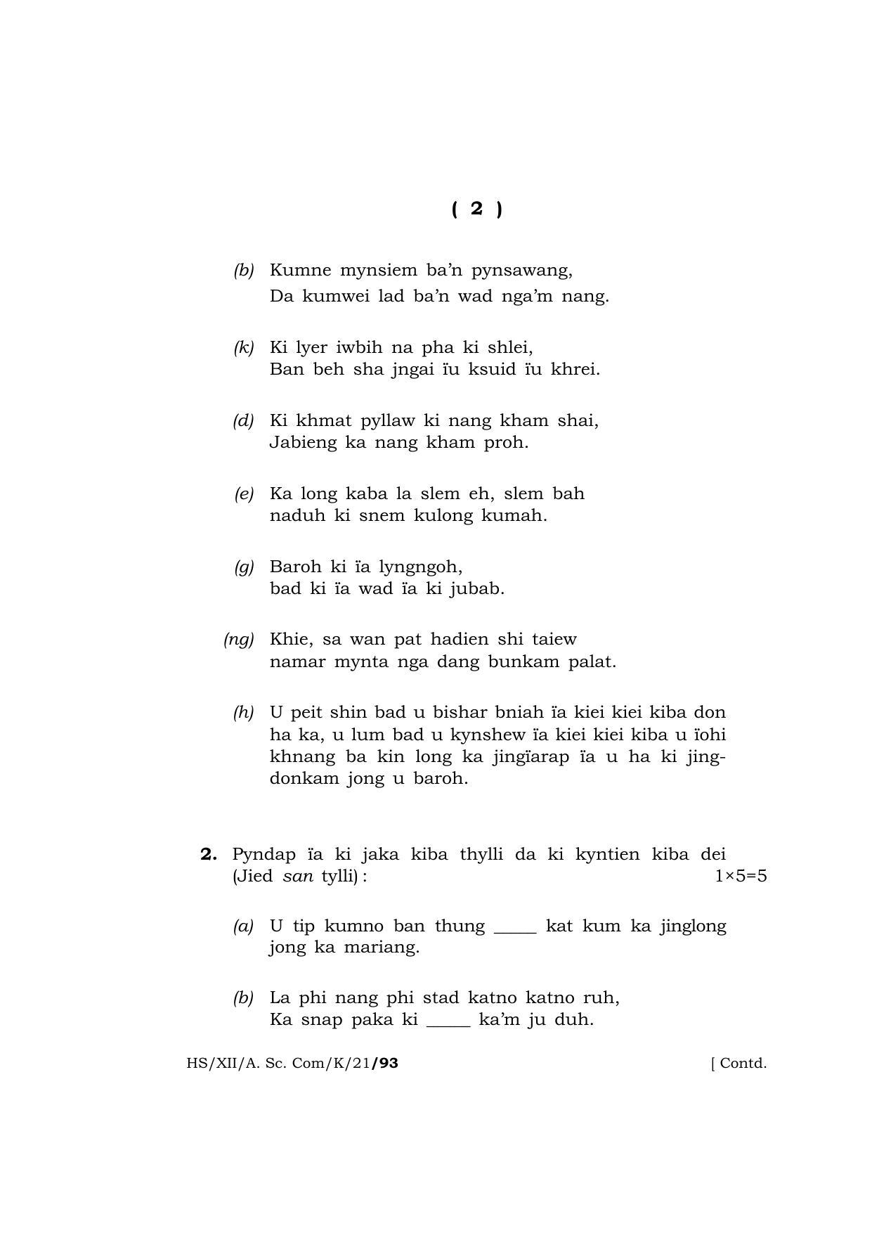 Meghalaya Board (MBOSE) Class 12 KHASI (HS-XII-A. Sc. Com-K-21) 2021 Question Paper - Page 2