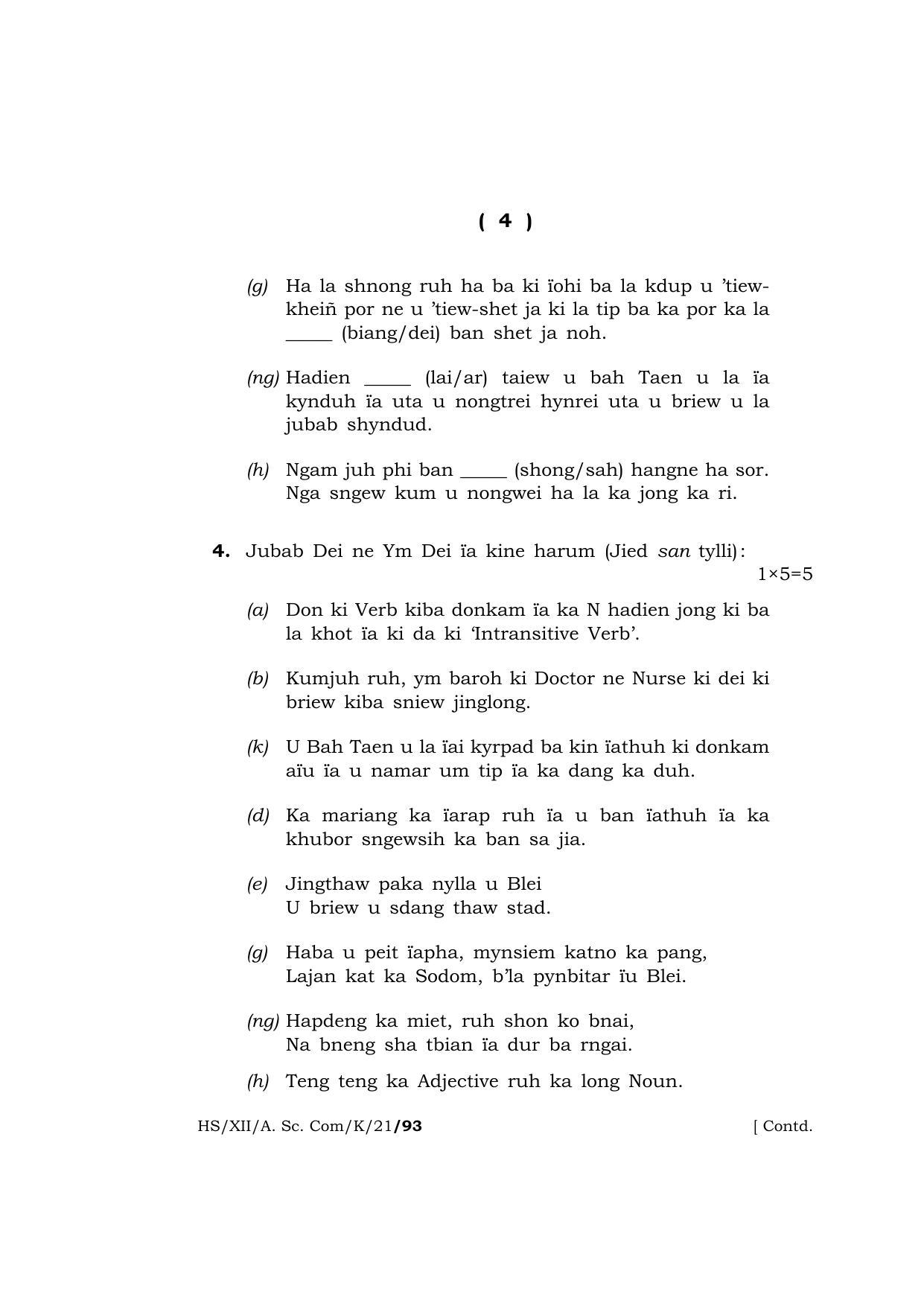 Meghalaya Board (MBOSE) Class 12 KHASI (HS-XII-A. Sc. Com-K-21) 2021 Question Paper - Page 4