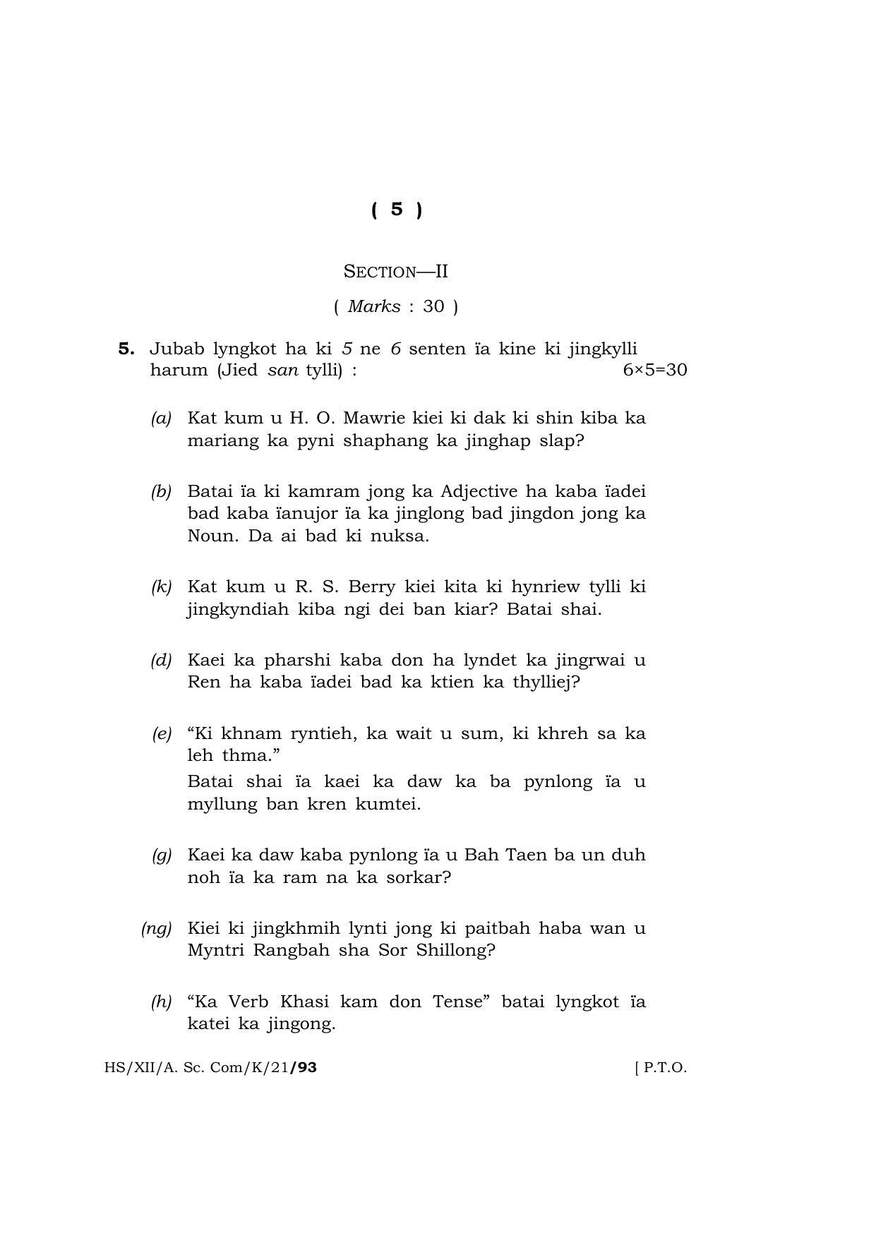 Meghalaya Board (MBOSE) Class 12 KHASI (HS-XII-A. Sc. Com-K-21) 2021 Question Paper - Page 5