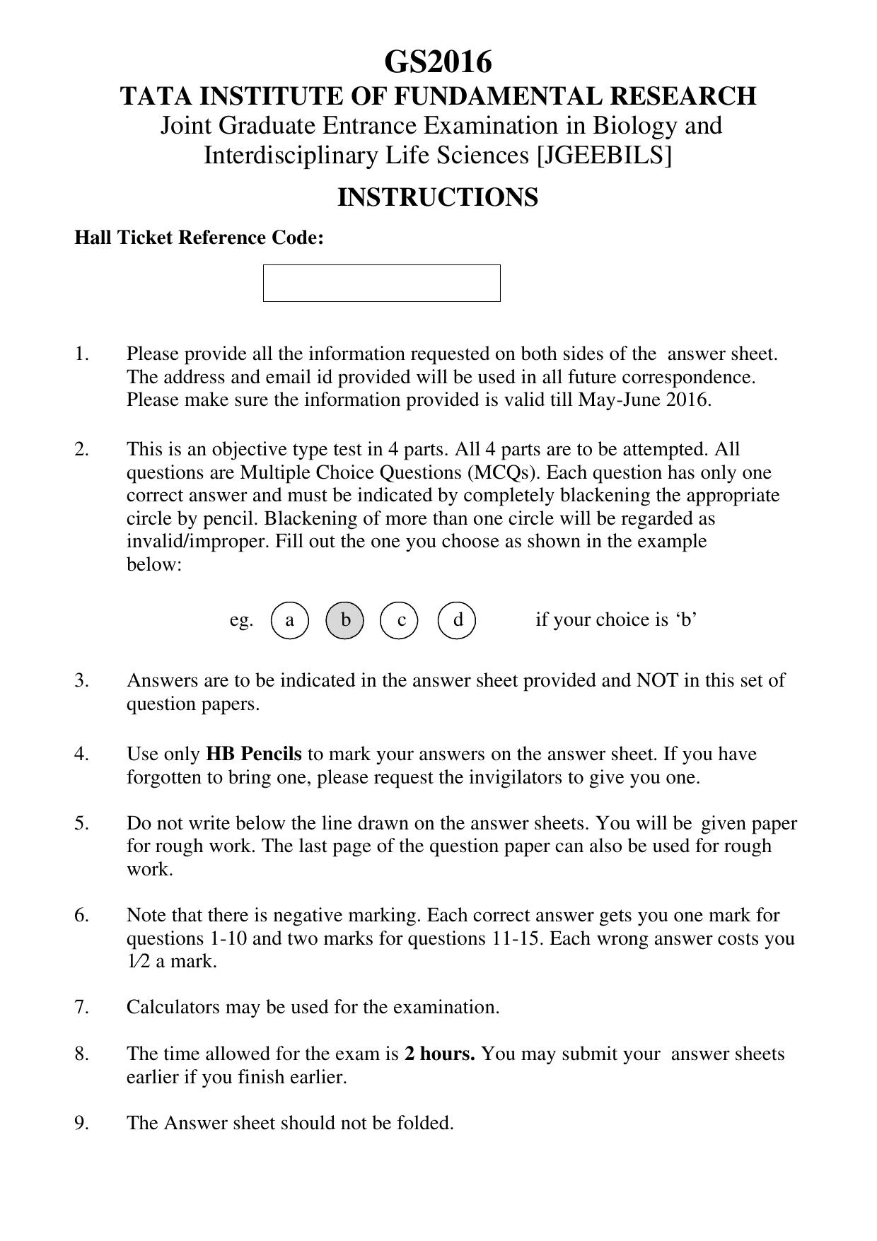 JGEEBILS Biology Question Paper 2016 - Page 1