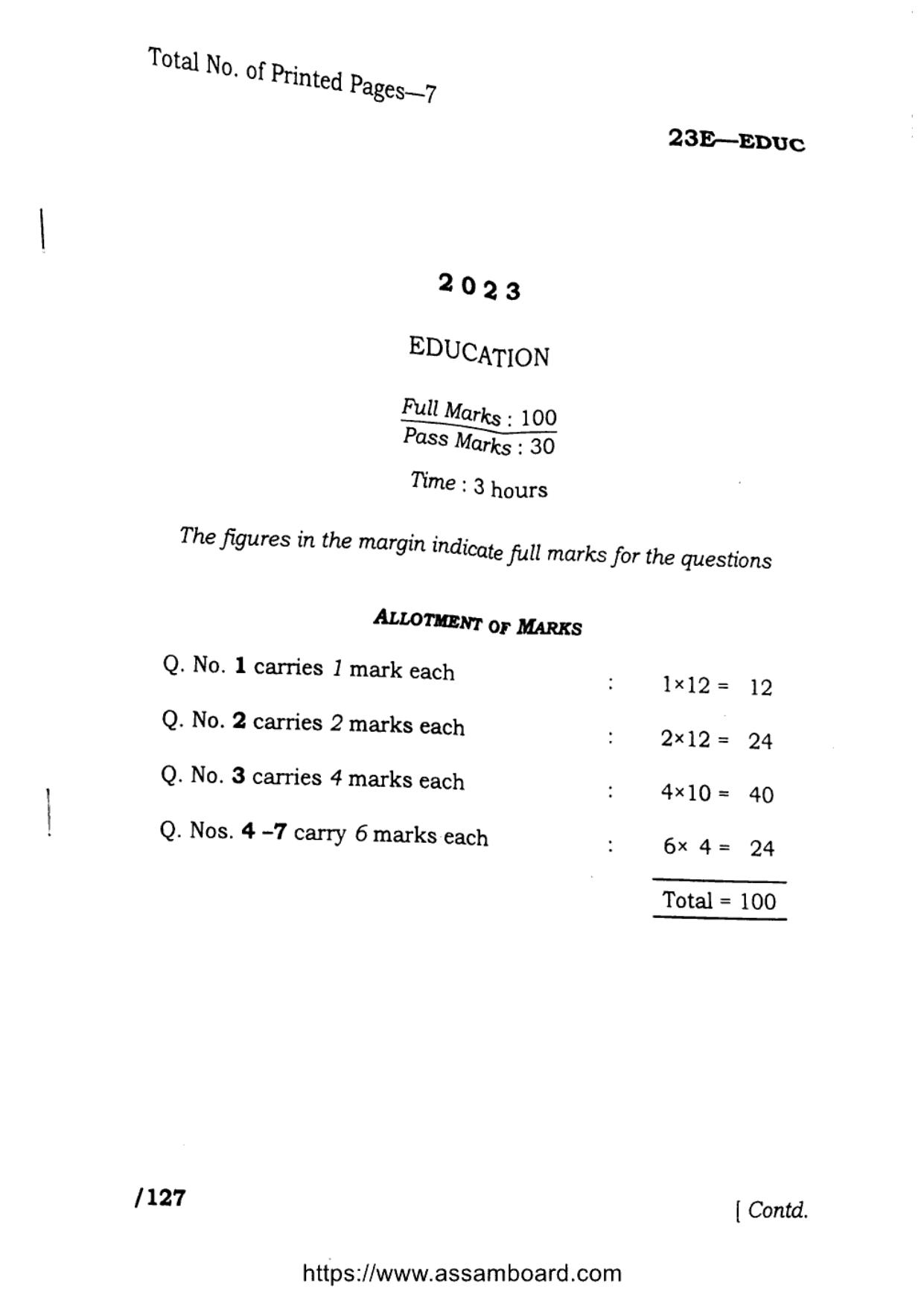 AHSEC Class 11 Education 2023 Question Paper - Page 1