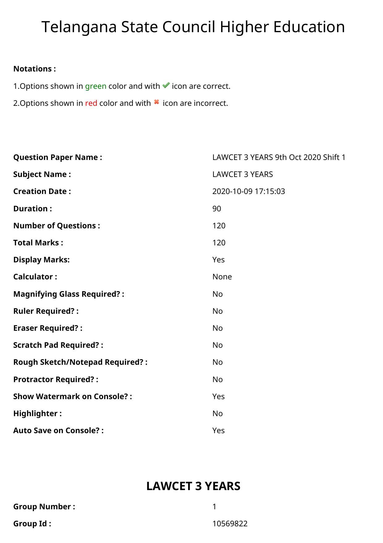 TS LAWCET 3 Year 2020 Question Paper with Answer Key - Page 1