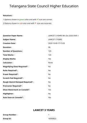 TS LAWCET 3 Year 2020 Question Paper with Answer Key