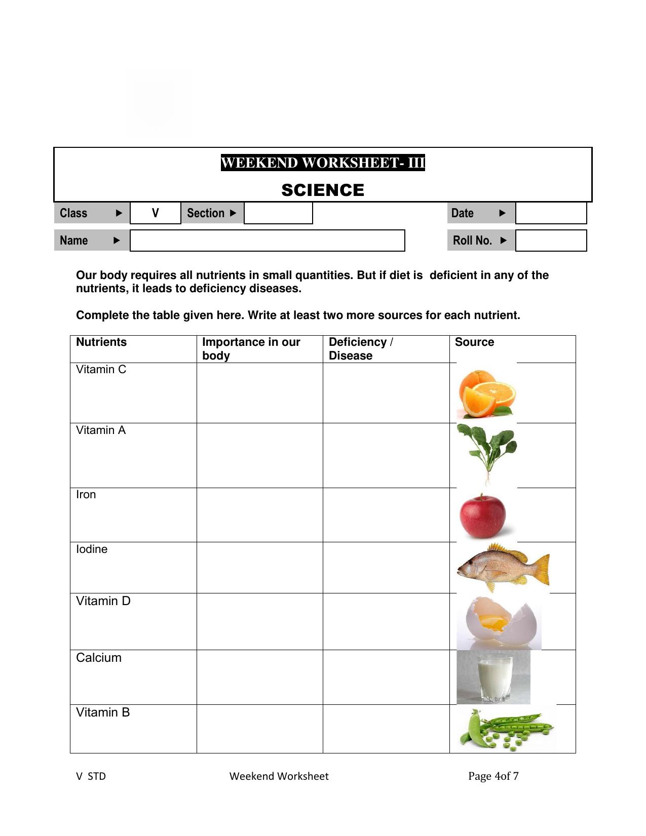 Worksheet for Class 5 Science Nutrients Assignment - Page 1