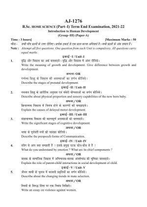 Bilaspur University Question Paper 2021-2022:B.Sc. Home Science Part-I  I.Introduction To Human Development Paper 1