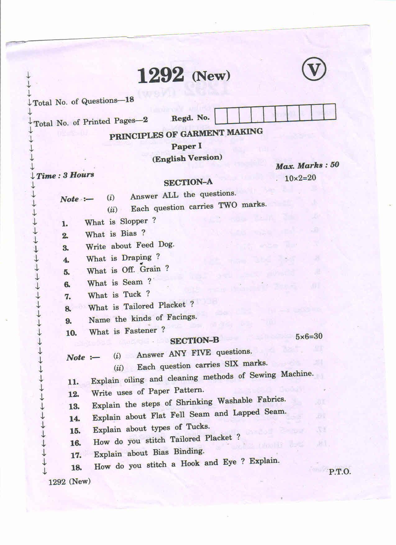 AP Inter 2nd Year Vocational Question Paper March - 2020 - Principles of Garment Making - I - Page 1