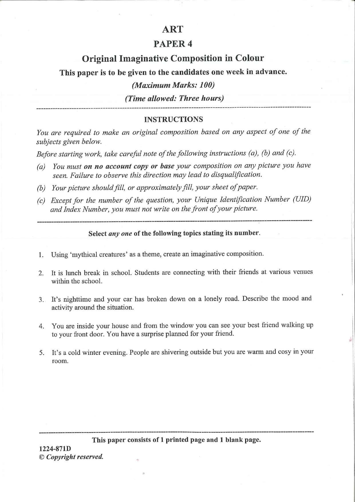 ISC Class 12 Arts Paper 4 (Original Imaginative Composition in Colour) 2024 Question Paper - Page 1