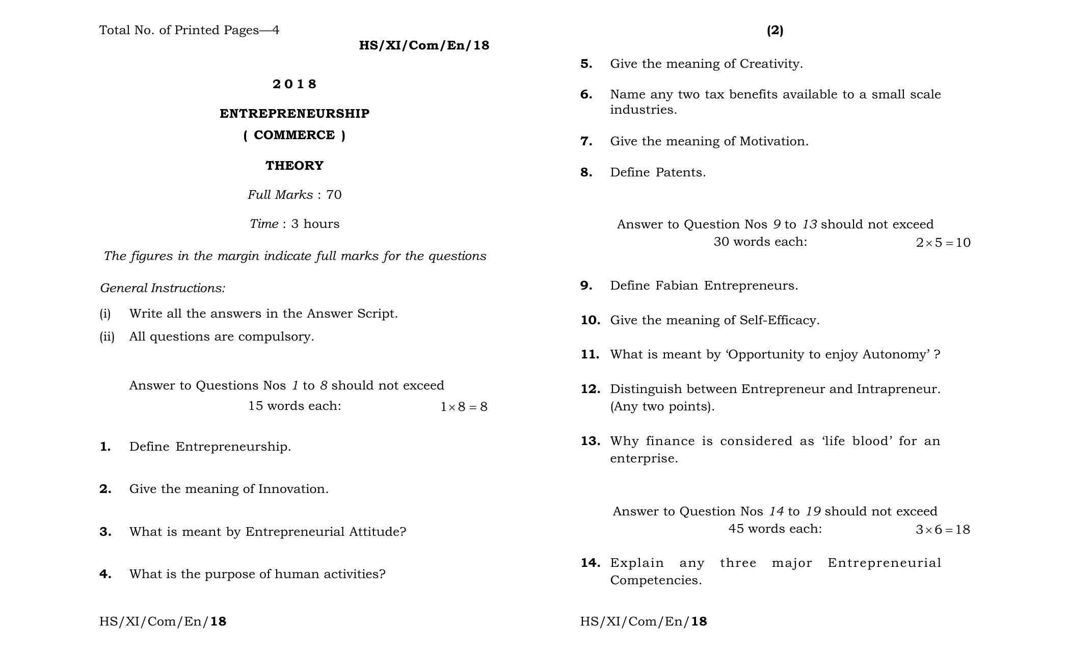 Meghalaya Board (MBOSE) Class 11 Entrepreneurship__Commerce_ 2018 Question Paper - Page 1