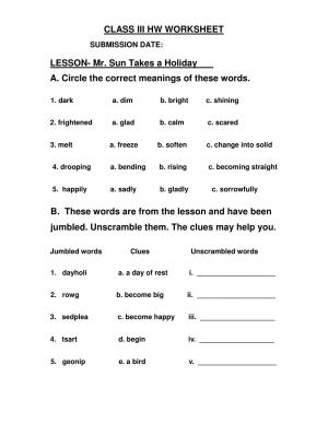 Worksheet for Class 3 English Mr Sun takes a holiday Assignment