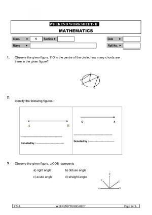 Worksheet for Class 5 Maths Angles and Circles Assignment