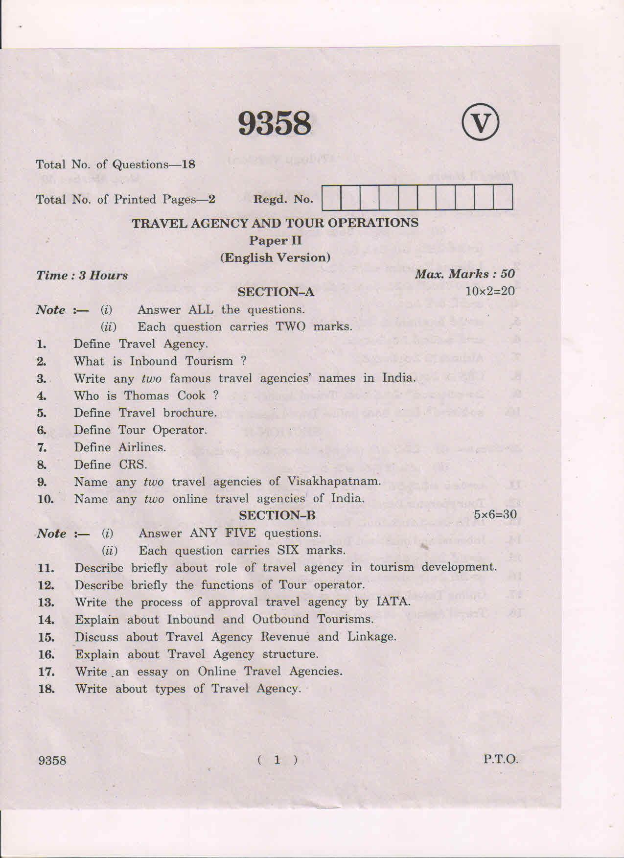 AP Inter 2nd Year Travel Agency and Tour Operations-II March-2019-Vocational Question Paper - Page 1