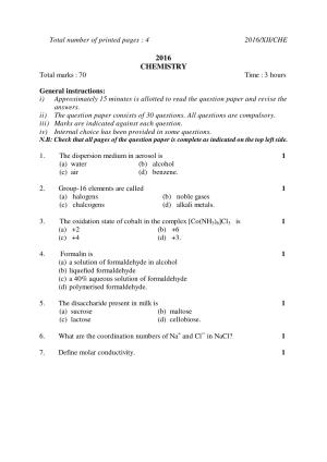 Nagaland Board Class 12 CHEMISTRY 2016 Question Papers