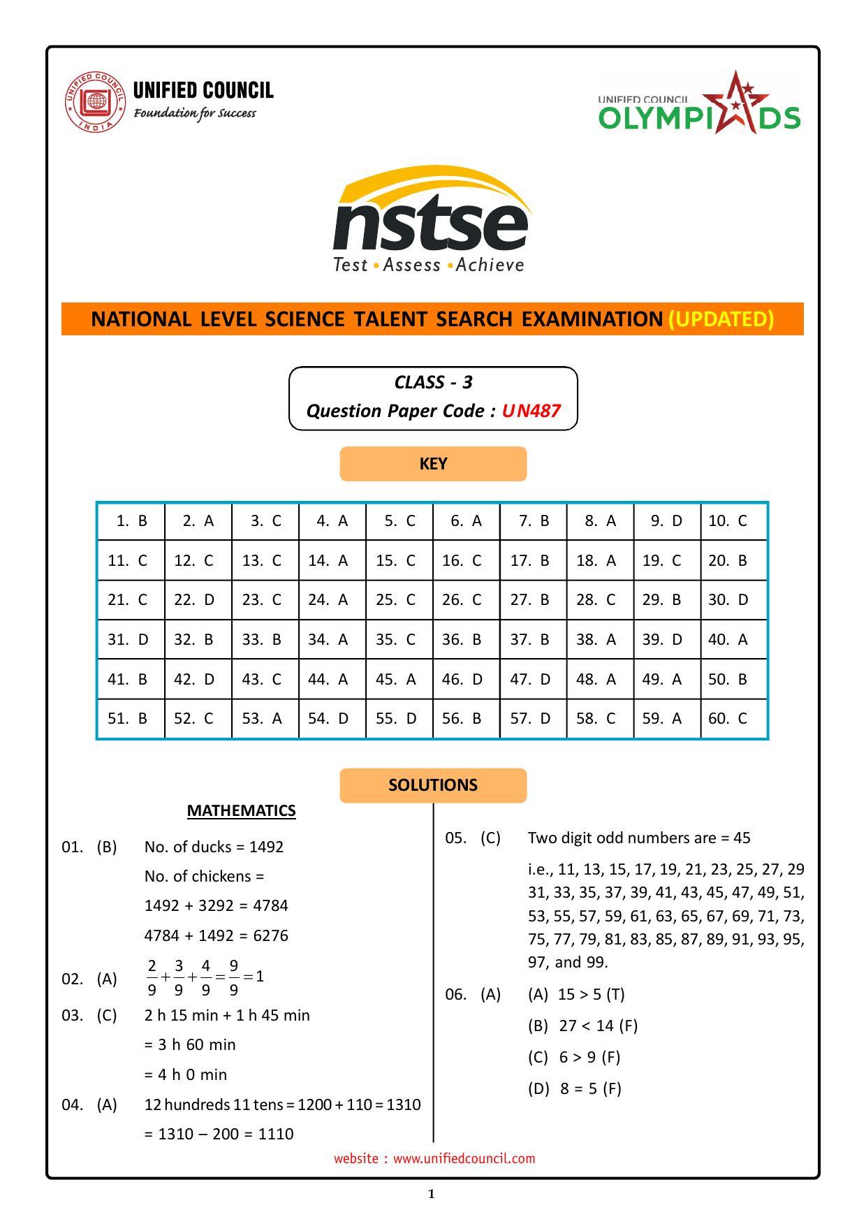 NSTSE 2023 Class 3 Answer Key (Paper Code 487) - Page 1