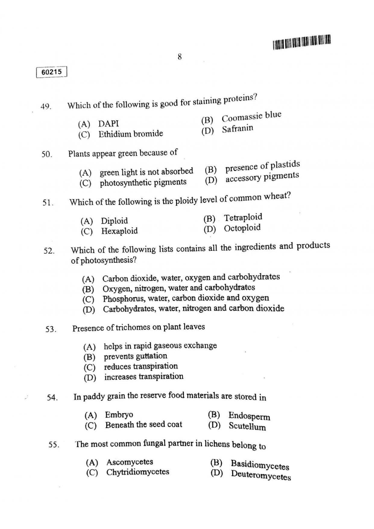 CUSAT CAT 2015 Botany Question Paper - Page 9
