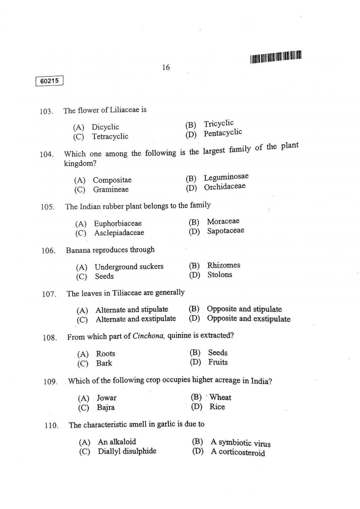 CUSAT CAT 2015 Botany Question Paper - Page 17