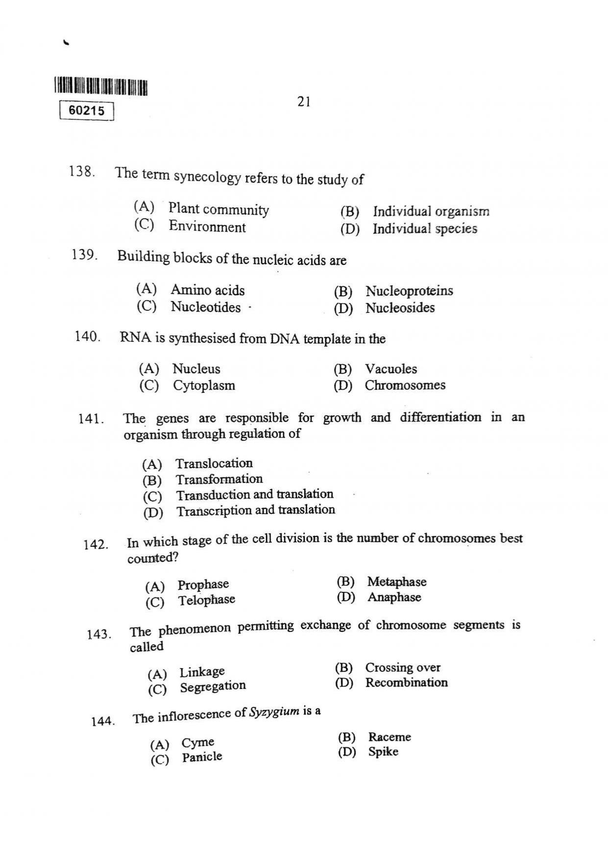 CUSAT CAT 2015 Botany Question Paper - Page 22