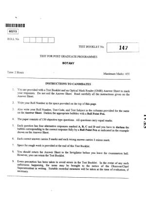 CUSAT CAT 2015 Botany Question Paper