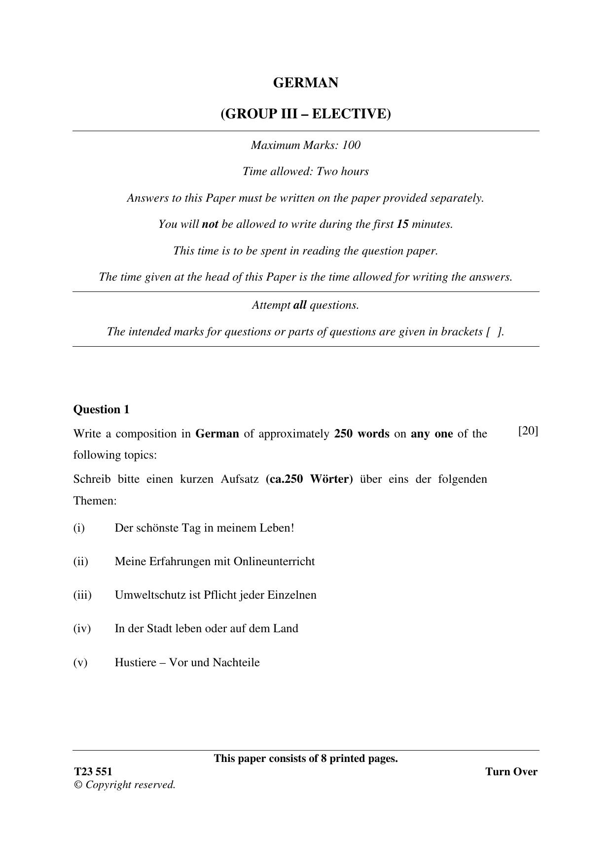 ICSE Class 10 GERMAN (Group III Elective) 2023 Question Paper - Page 1