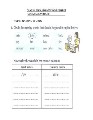 Worksheet for Class 1 English Assignment 57 Naming Words