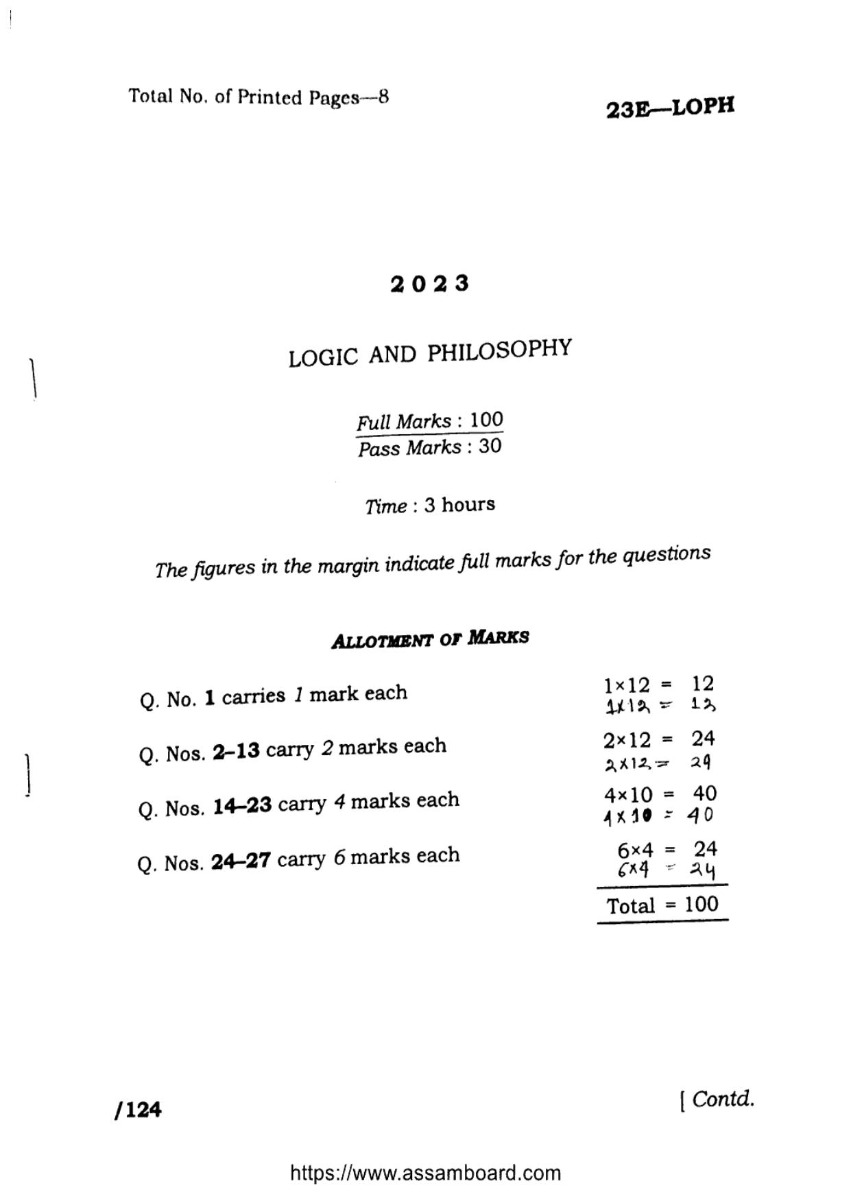 AHSEC Class 11 Logic and Philosophy 2023 Question Paper - Page 1
