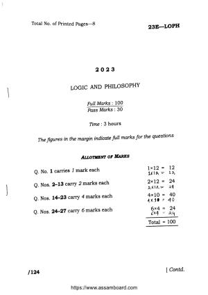 AHSEC Class 11 Logic and Philosophy 2023 Question Paper