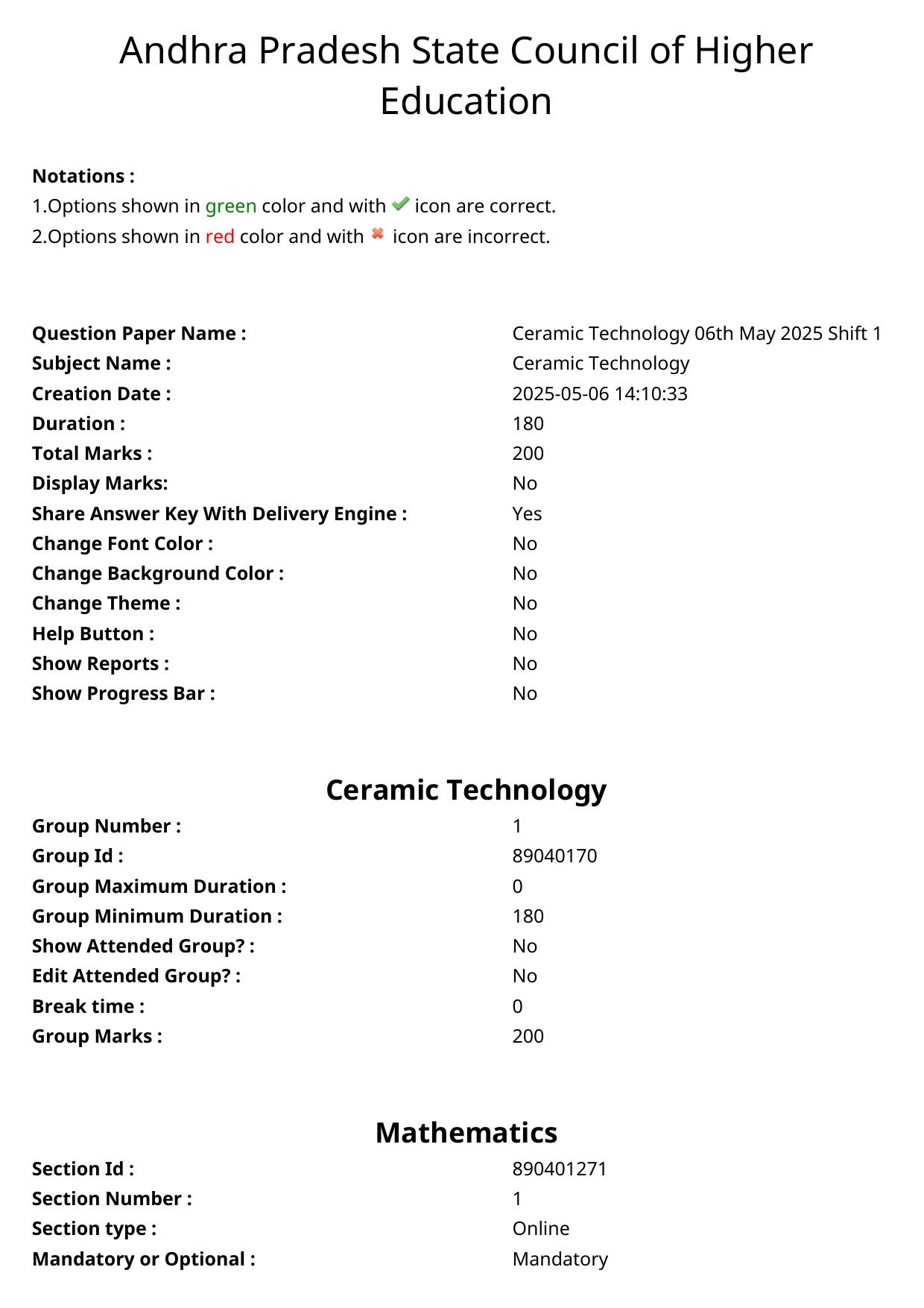 AP ECET 2025 Ceramic Technology 06th May 2025 (Shift 1) Question Paper wth Key - Page 1