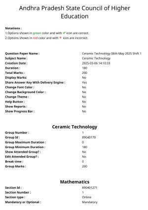 AP ECET 2025 Ceramic Technology 06th May 2025 (Shift 1) Question Paper wth Key