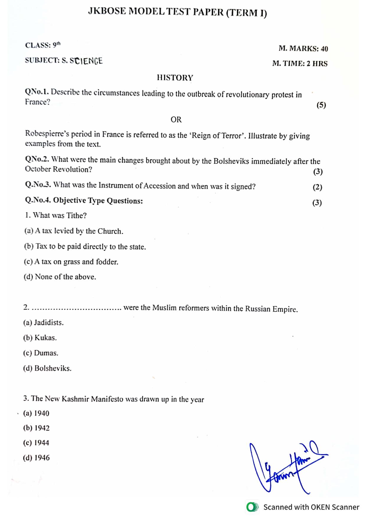 JKBOSE Class 9 Social Science (T1 & T2) Model Question Paper - Page 1