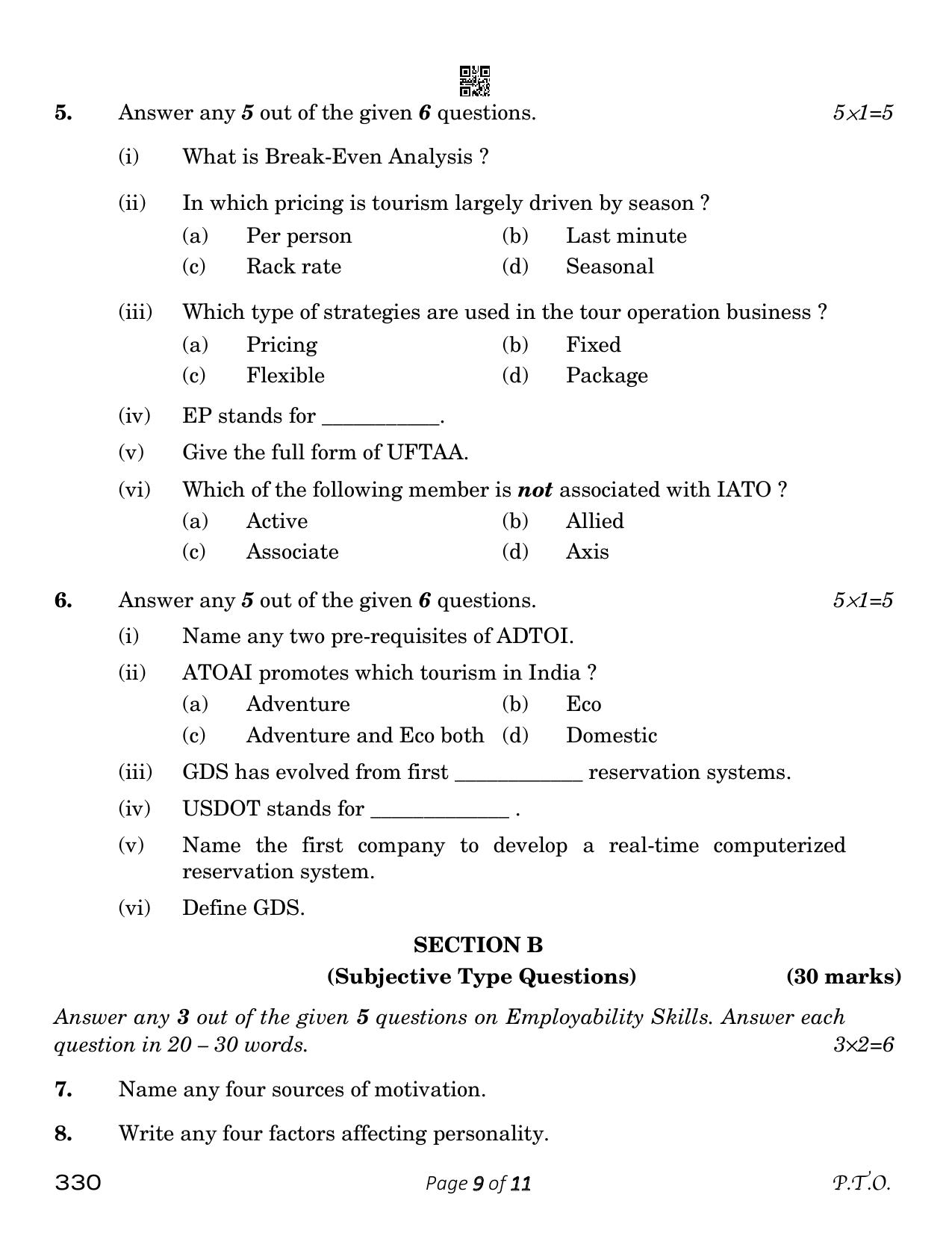 CBSE Class 12 Tourism (Compartment) 2023 Question Paper - Page 9