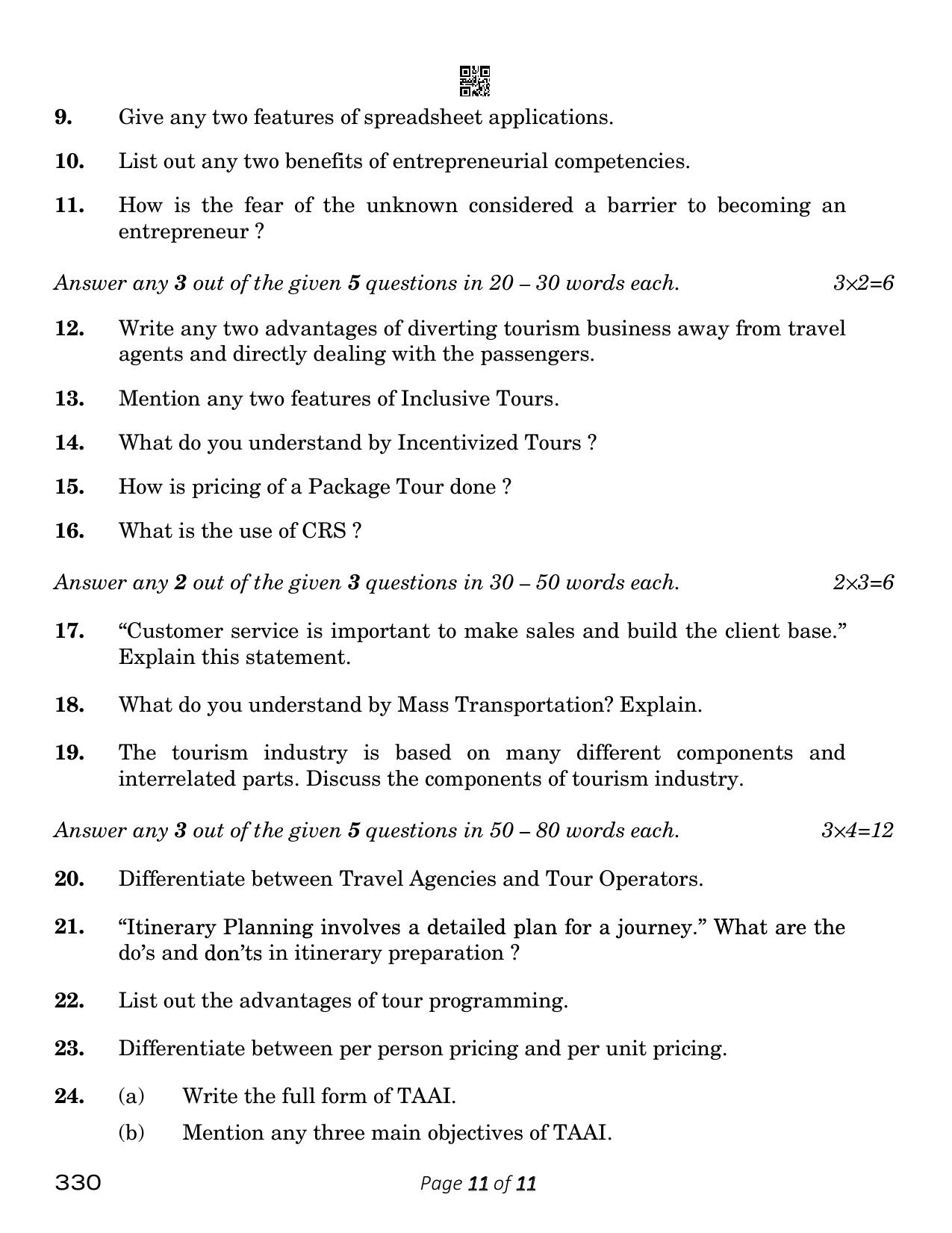 CBSE Class 12 Tourism (Compartment) 2023 Question Paper - Page 11