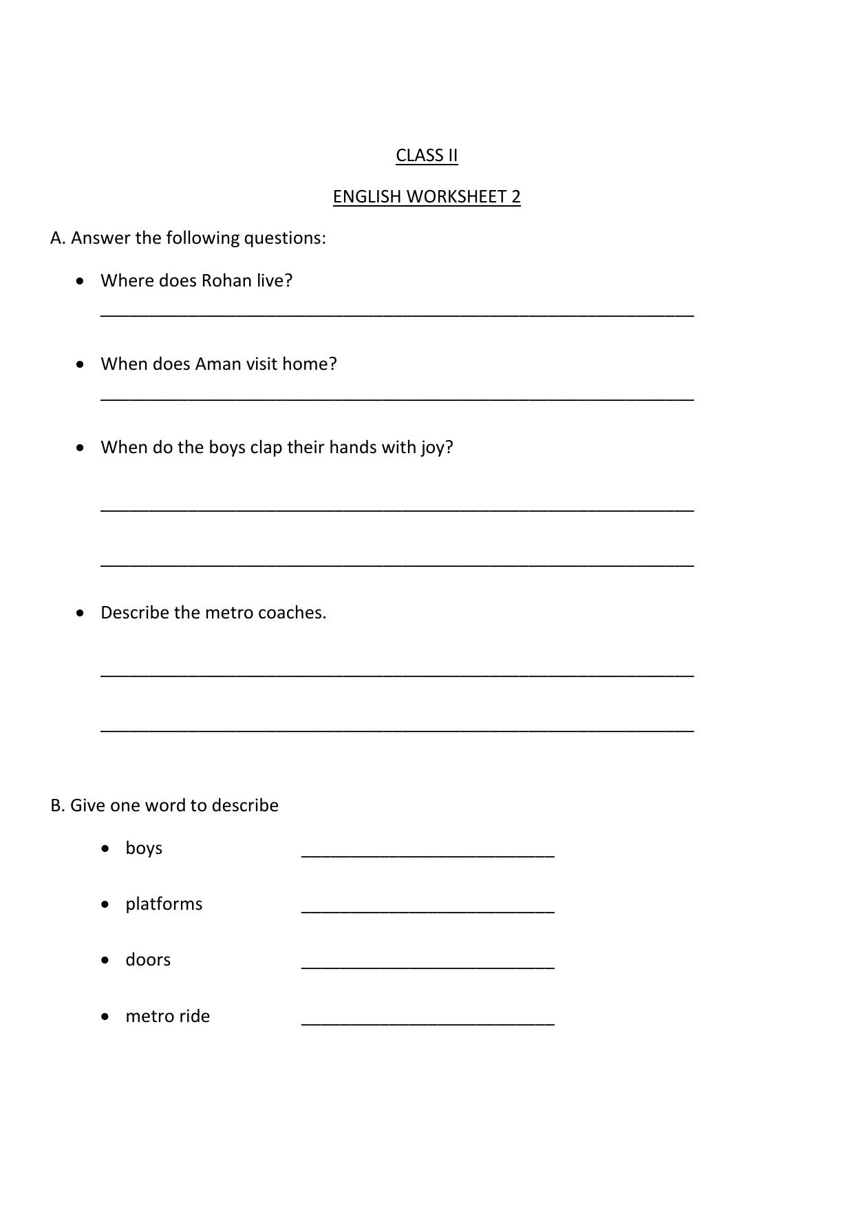 Worksheet for Class 2 English Assignment 3 - Page 1