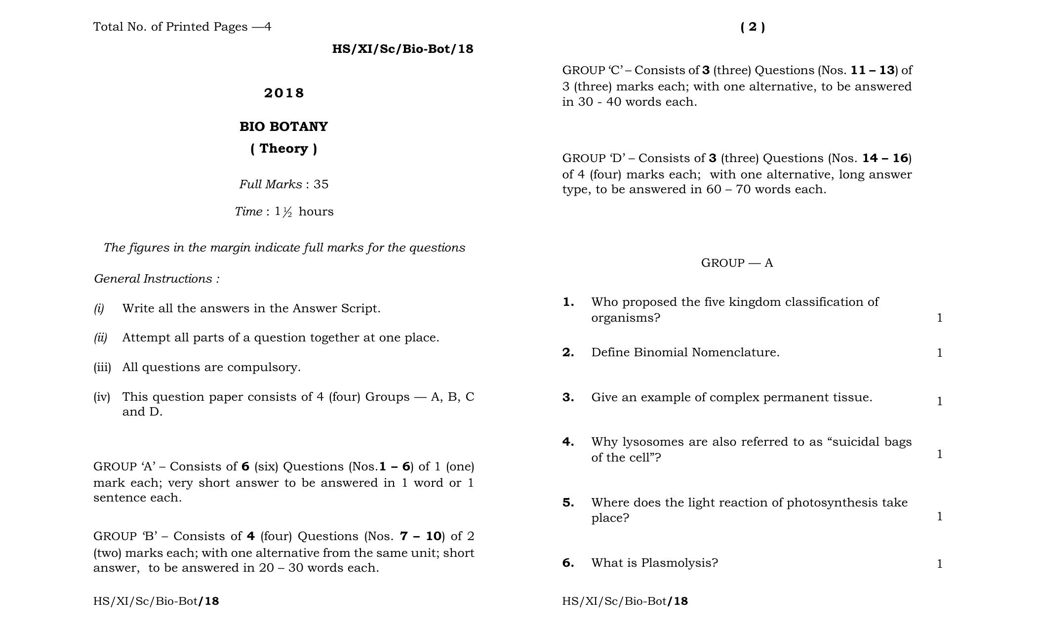 Meghalaya Board (MBOSE) Class 11 Bio-Botany 2018 Question Paper - Page 1