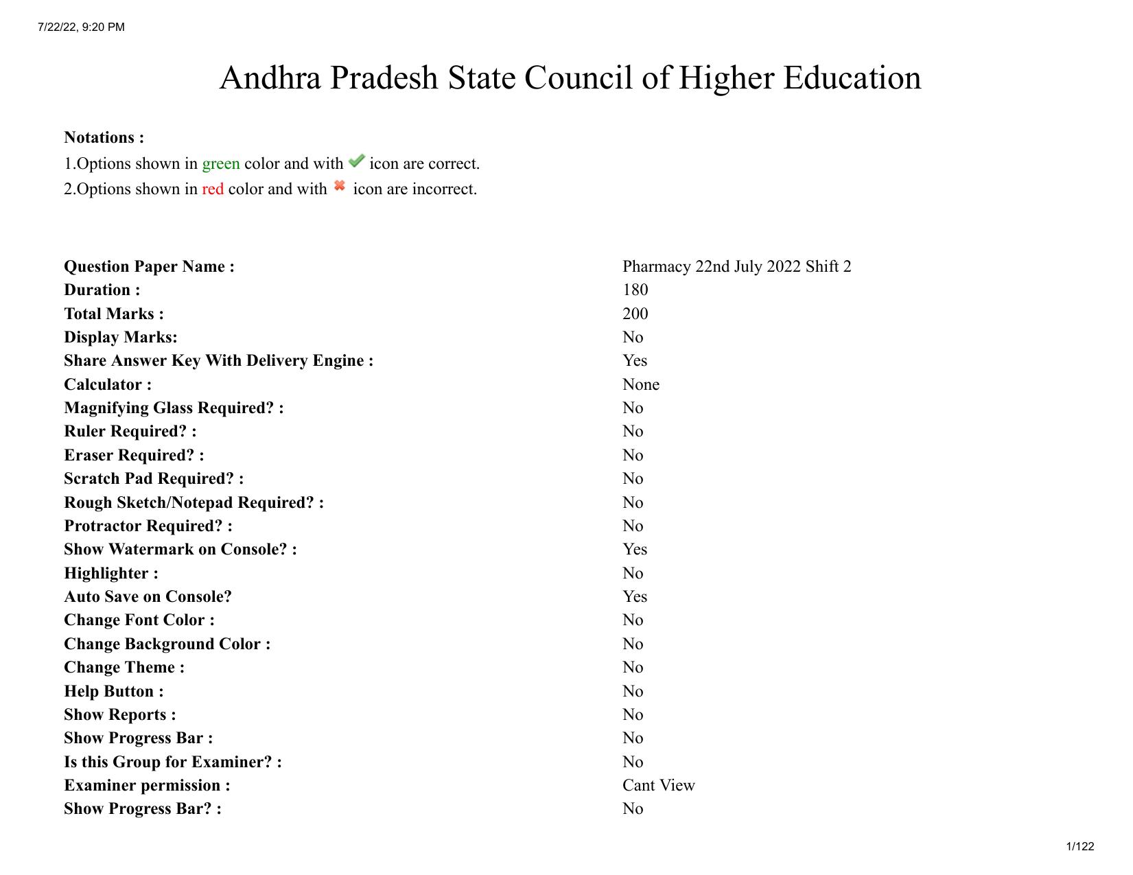 AP ECET 2022 - PHARMACY Question Paper With Preliminary Keys - Page 1