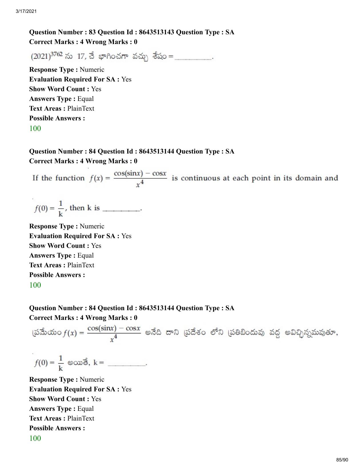 JEE Mains 2021: BTech ETE (Shift 1) 17-03-2021 Question Paper - Page 85