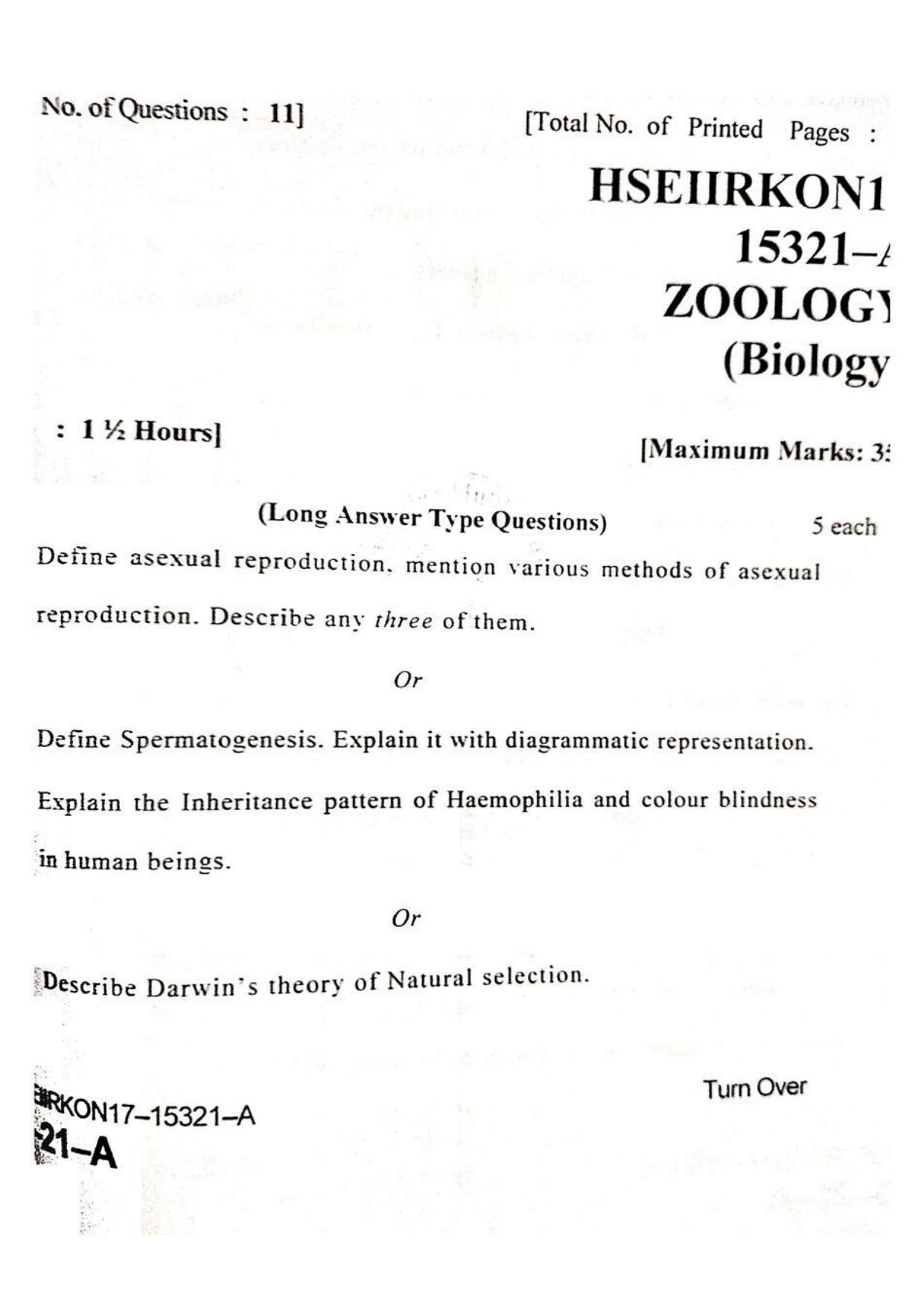 JKBOSE Class 12 Biology-Zoology Question Papers 2017 (15321-A) - Page 1