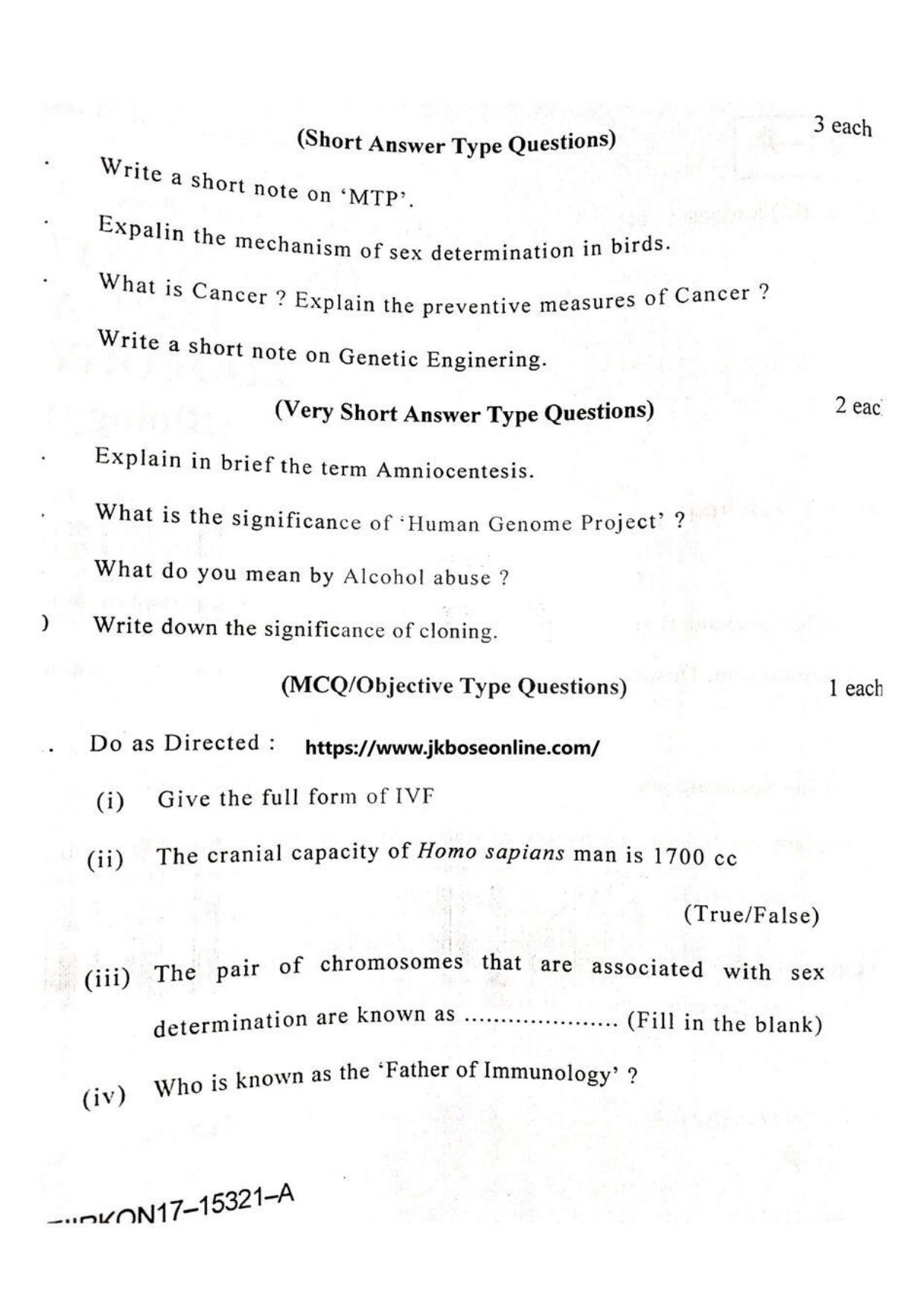 JKBOSE Class 12 Biology-Zoology Question Papers 2017 (15321-A) - Page 2