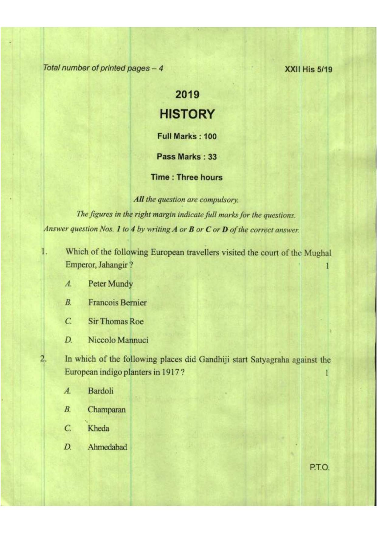 COHSEM Class 12 History 2019 Question Papers - Page 1