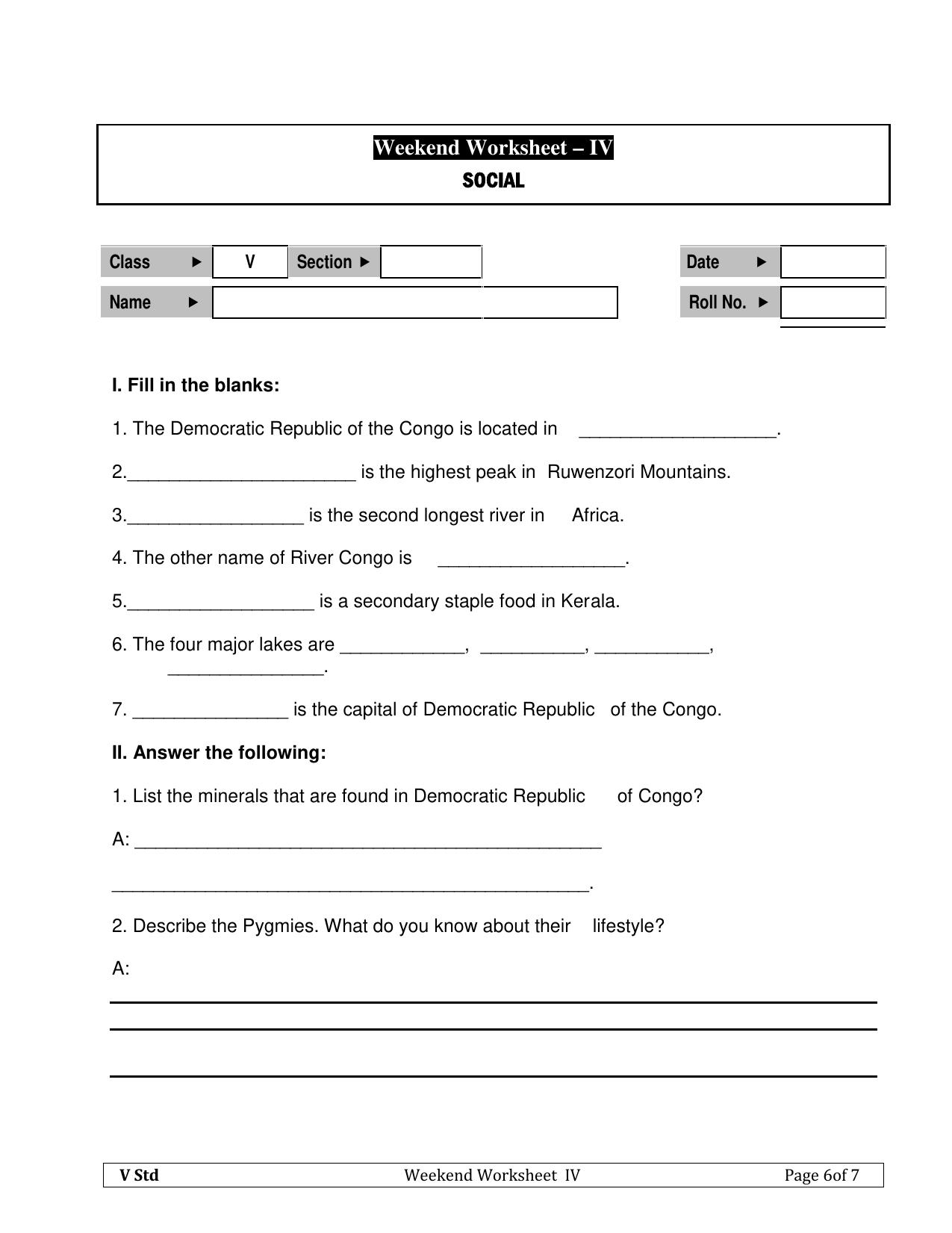 Worksheet for Class 5 Social Science Assignment 15 - Page 1