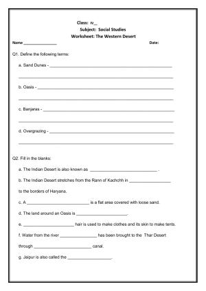 Worksheet for Class 4 Social Science Western Desert Assignment