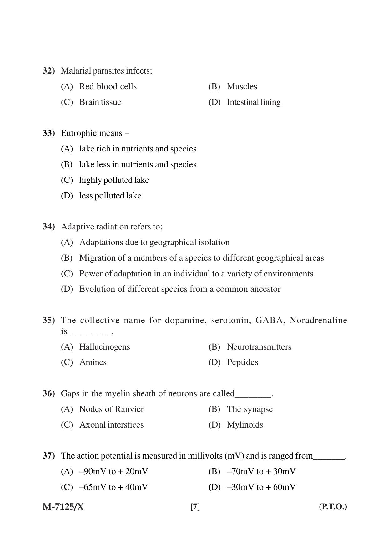 Mysore University PG Entrance Exam 2019: Goup-I Life Science Question Paper - Page 7
